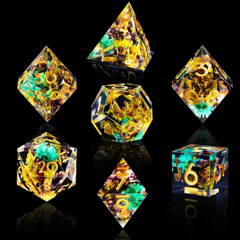 AUSTOR 7-Die DND Dice Set Handmade Sharp Edge Dice Resin Polyhedral Dice for Dungeons and Dragons RPG MTG Table Games（Yellow & Violet Glenflower） - Image 3